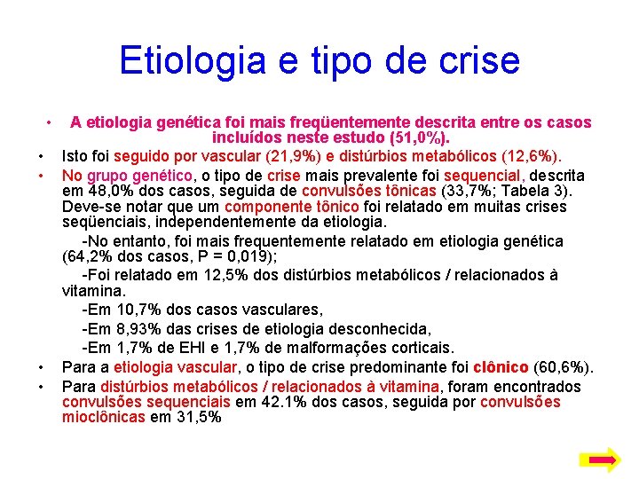 Etiologia e tipo de crise • A etiologia genética foi mais freqüentemente descrita entre