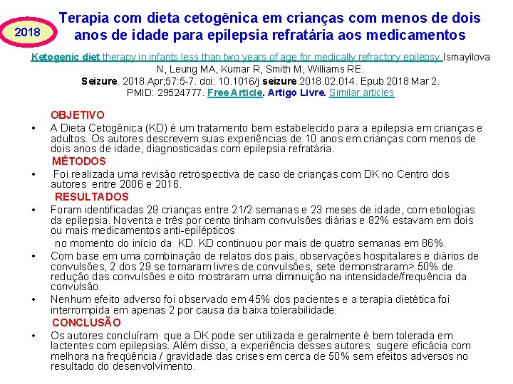 2018 Terapia com dieta cetogênica em crianças com menos de dois anos de idade