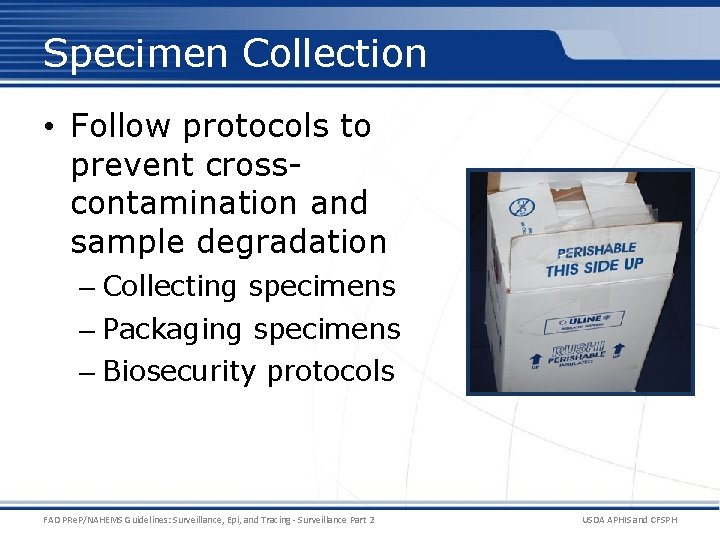 Specimen Collection • Follow protocols to prevent crosscontamination and sample degradation – Collecting specimens