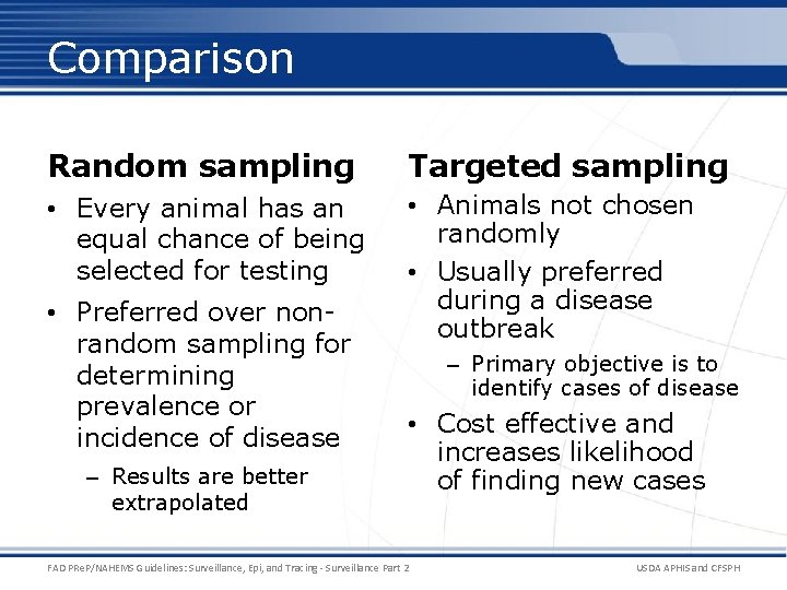 Comparison Random sampling Targeted sampling • Every animal has an equal chance of being