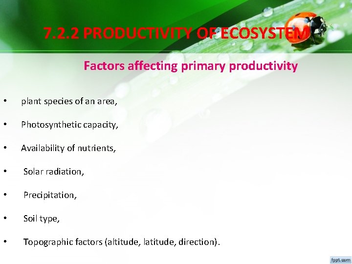 7. 2. 2 PRODUCTIVITY OF ECOSYSTEM Factors affecting primary productivity • plant species of 7. 2. 2 PRODUCTIVITY OF ECOSYSTEM Factors affecting primary productivity • plant species of