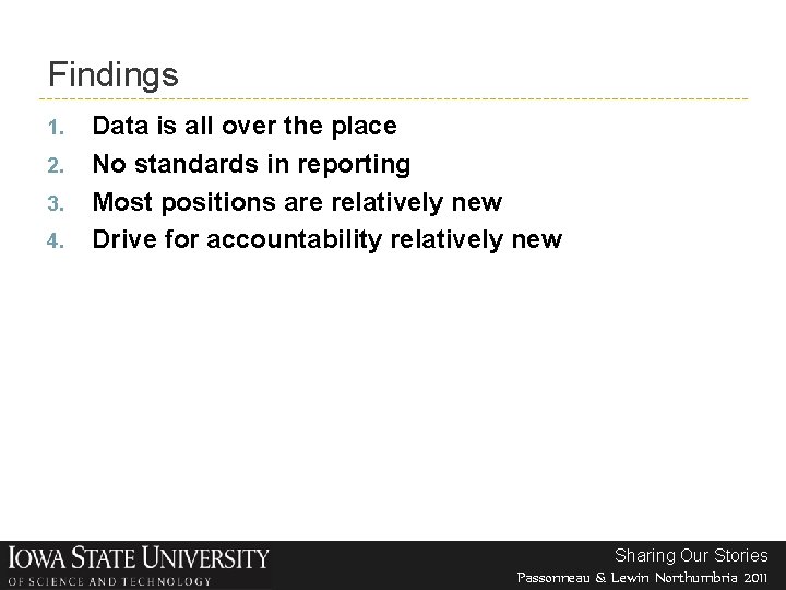 Findings 1. 2. 3. 4. Data is all over the place No standards in