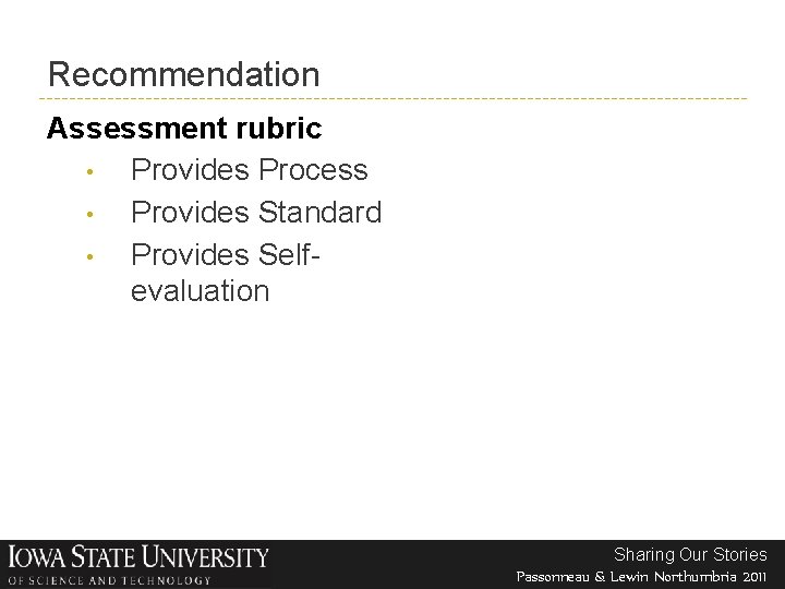 Recommendation Assessment rubric • Provides Process • Provides Standard • Provides Selfevaluation Sharing Our