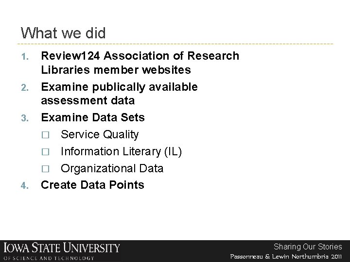 What we did 1. 2. 3. 4. Review 124 Association of Research Libraries member