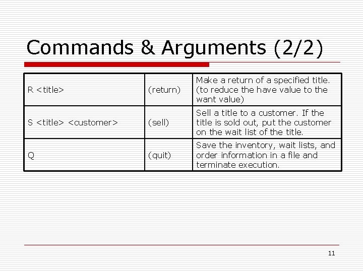 Commands & Arguments (2/2) R <title> S <title> <customer> Q (return) Make a return Commands & Arguments (2/2) R <title> S <title> <customer> Q (return) Make a return