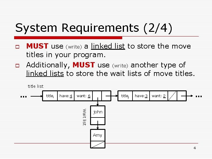 System Requirements (2/4) o o MUST use (write) a linked list to store the System Requirements (2/4) o o MUST use (write) a linked list to store the