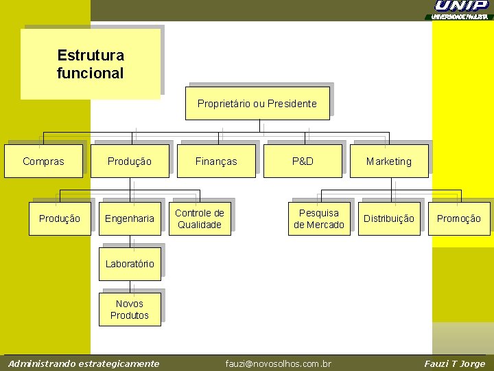 Estrutura funcional Proprietário ou Presidente Compras Produção Engenharia Finanças Controle de Qualidade P&D Marketing Estrutura funcional Proprietário ou Presidente Compras Produção Engenharia Finanças Controle de Qualidade P&D Marketing