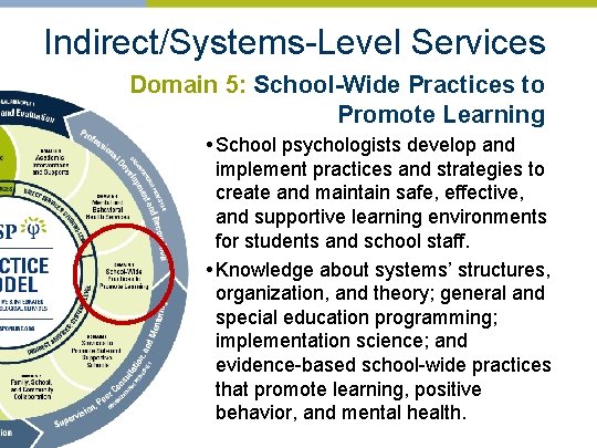Indirect/Systems-Level Services Domain 5: School-Wide Practices to Promote Learning • School psychologists develop and