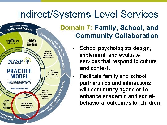 Indirect/Systems-Level Services Domain 7: Family, School, and Community Collaboration • School psychologists design, implement,