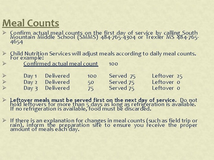 Meal Counts Ø Confirm actual meal counts on the first day of service by Meal Counts Ø Confirm actual meal counts on the first day of service by