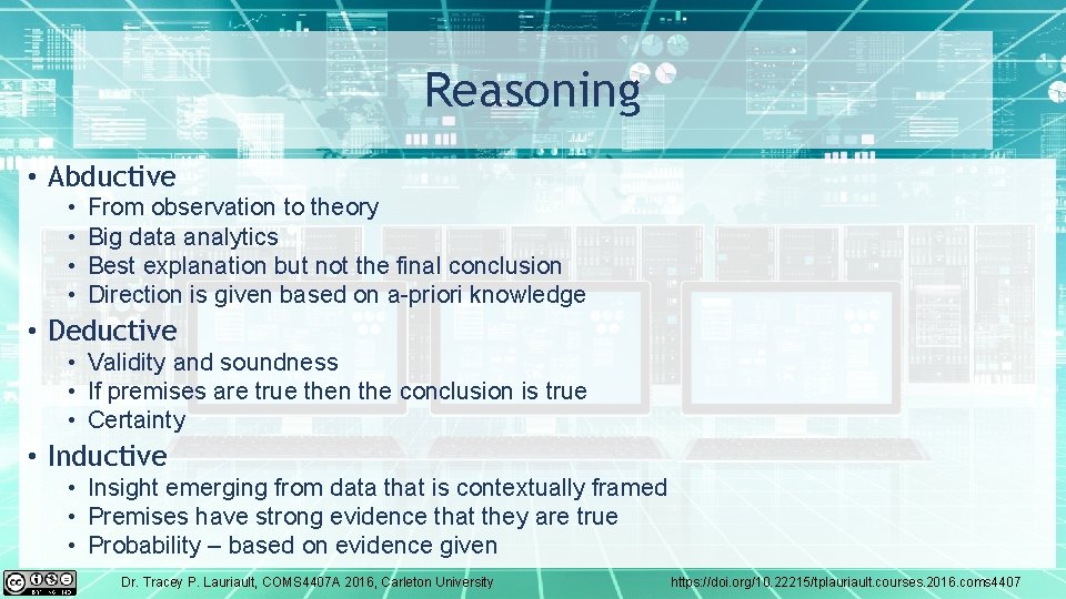 Reasoning • Abductive • • From observation to theory Big data analytics Best explanation