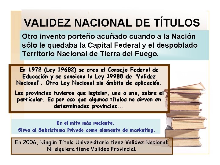 VALIDEZ NACIONAL DE TÍTULOS Otro invento porteño acuñado cuando a la Nación sólo le
