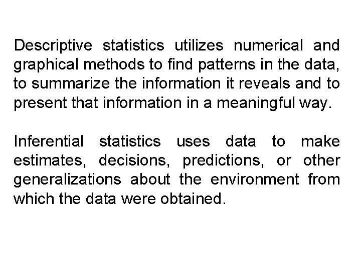 Descriptive statistics utilizes numerical and graphical methods to find patterns in the data, to