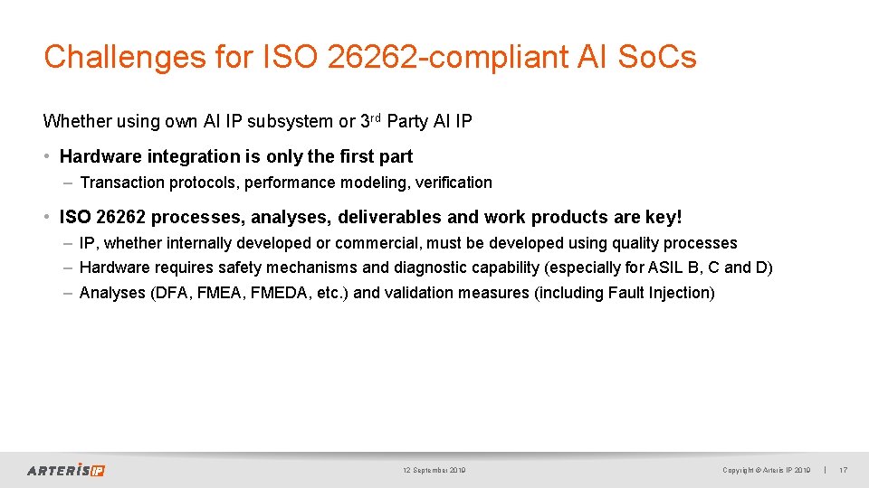 Challenges for ISO 26262 -compliant AI So. Cs Whether using own AI IP subsystem