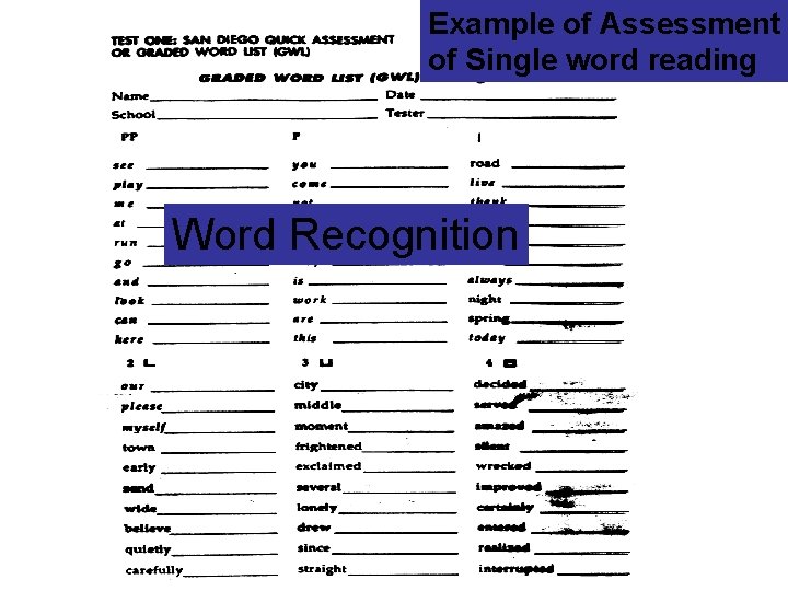 Example of Assessment of Single word reading Word Recognition Example of Assessment of Single word reading Word Recognition