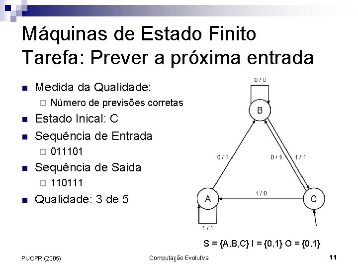 Máquinas de Estado Finito Tarefa: Prever a próxima entrada n Medida da Qualidade: ¨