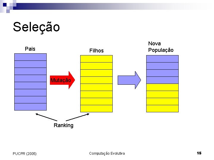 Seleção Pais Filhos Nova População Mutação Ranking PUCPR (2005) Computação Evolutiva 15 