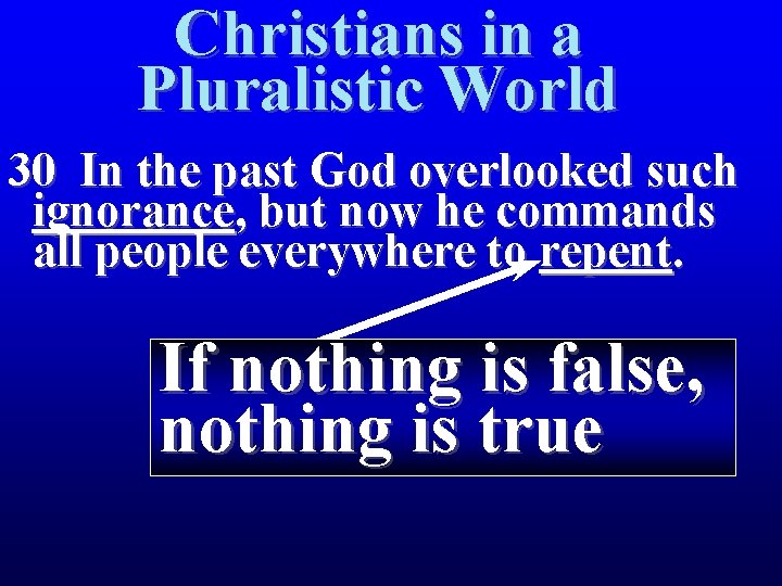 Christians in a Pluralistic World 30 In the past God overlooked such ignorance, but