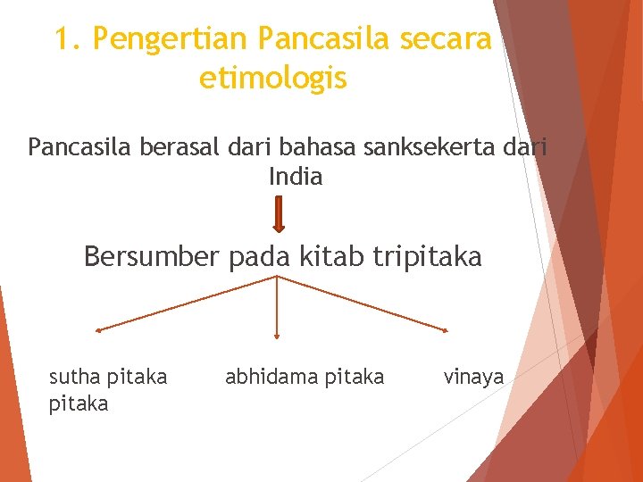 1. Pengertian Pancasila secara etimologis Pancasila berasal dari bahasa sanksekerta dari India Bersumber pada