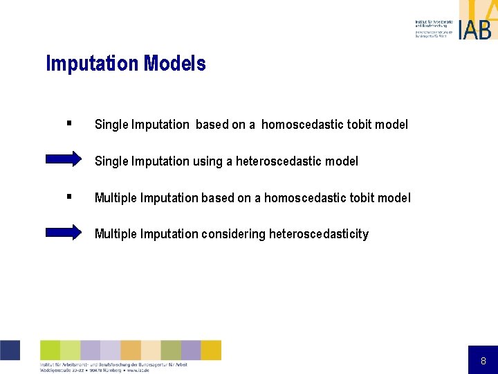 Imputation Models § Single Imputation based on a homoscedastic tobit model § Single Imputation Imputation Models § Single Imputation based on a homoscedastic tobit model § Single Imputation