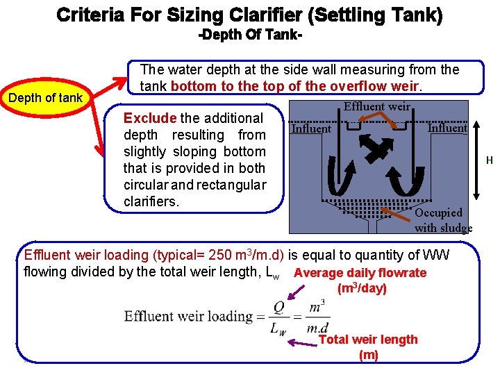 Criteria For Sizing Clarifier (Settling Tank) -Depth Of Tank- Depth of tank The water