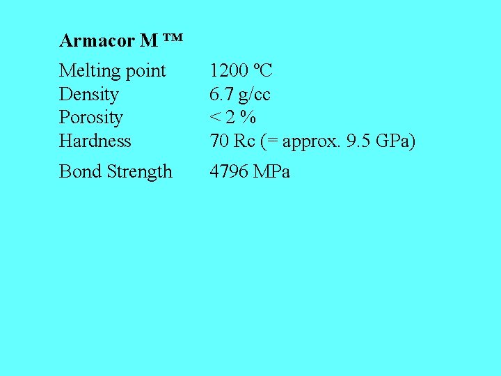 Armacor M ™ Melting point Density Porosity Hardness 1200 ºC 6. 7 g/cc <2%