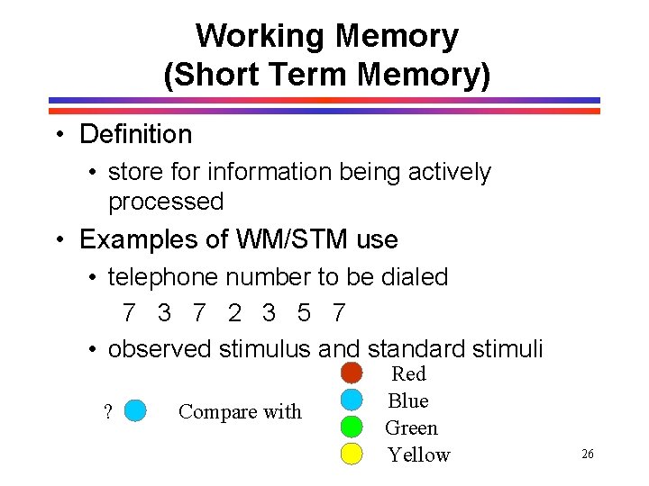 Working Memory (Short Term Memory) • Definition • store for information being actively processed Working Memory (Short Term Memory) • Definition • store for information being actively processed