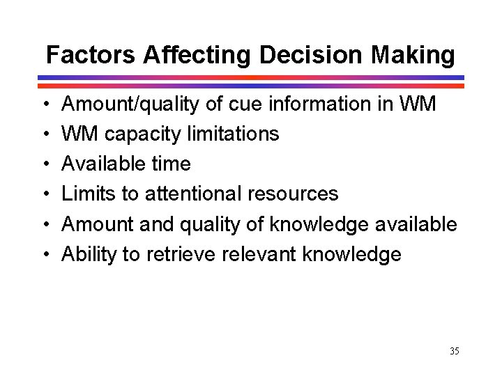 Factors Affecting Decision Making • • • Amount/quality of cue information in WM WM Factors Affecting Decision Making • • • Amount/quality of cue information in WM WM