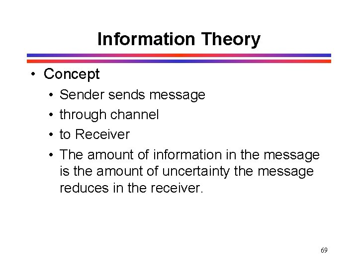 Information Theory • Concept • • Sender sends message through channel to Receiver The Information Theory • Concept • • Sender sends message through channel to Receiver The