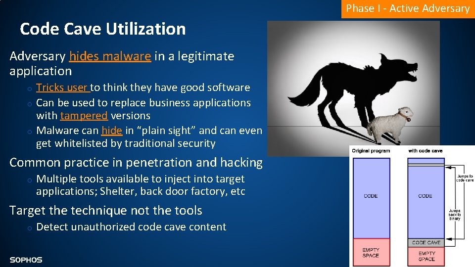 Phase I - Active Adversary Code Cave Utilization Adversary hides malware in a legitimate Phase I - Active Adversary Code Cave Utilization Adversary hides malware in a legitimate