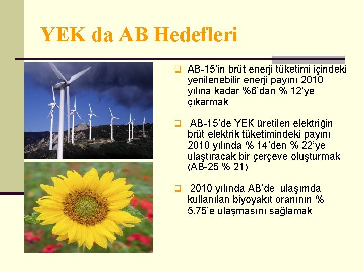 YEK da AB Hedefleri q AB-15’in brüt enerji tüketimi içindeki yenilenebilir enerji payını 2010