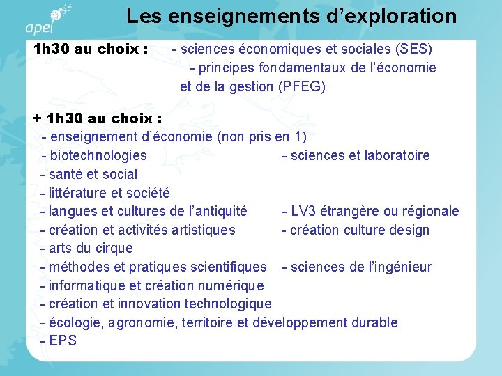 Les enseignements d’exploration 1 h 30 au choix : - sciences économiques et sociales