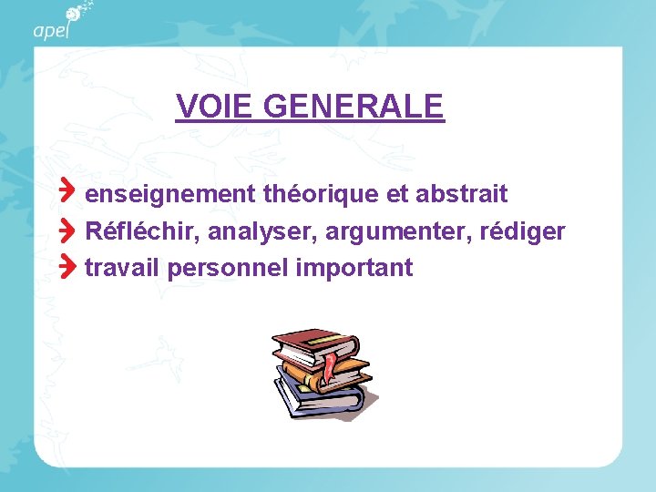 VOIE GENERALE enseignement théorique et abstrait Réfléchir, analyser, argumenter, rédiger travail personnel important 