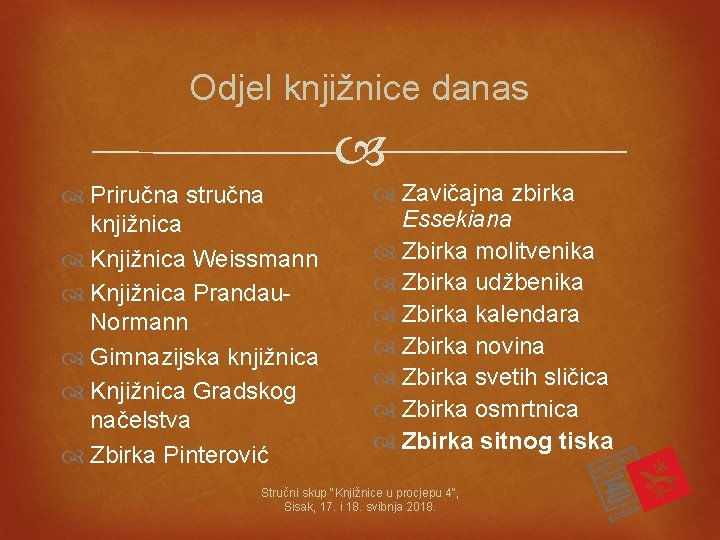 Odjel knjižnice danas Priručna stručna knjižnica Knjižnica Weissmann Knjižnica Prandau. Normann Gimnazijska knjižnica Knjižnica