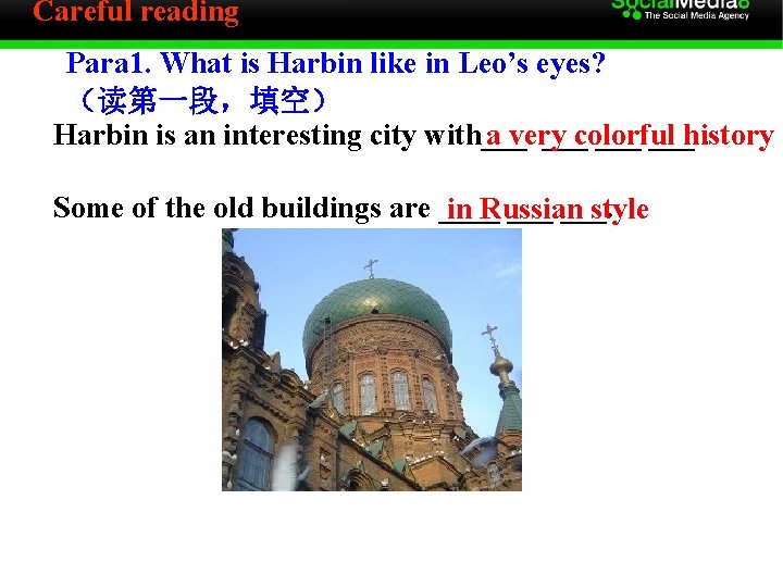 Careful reading Para 1. What is Harbin like in Leo’s eyes? （读第一段，填空） Harbin is