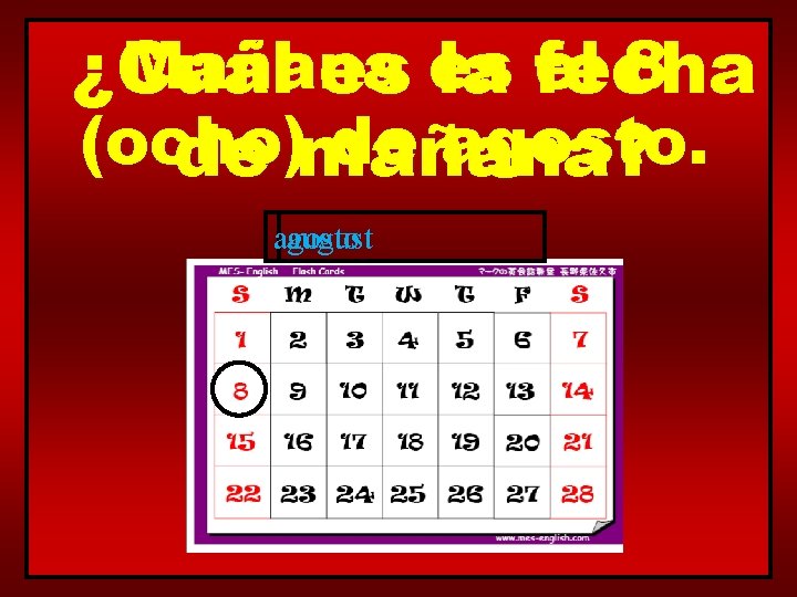 Mañana el 8 ¿Cuál es es la fecha (ocho) de agosto. de mañana? agosto