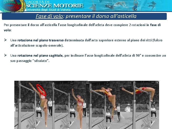Fase di volo: presentare il dorso all’asticella Per presentare il dorso all’asticella l’asse longitudinale Fase di volo: presentare il dorso all’asticella Per presentare il dorso all’asticella l’asse longitudinale