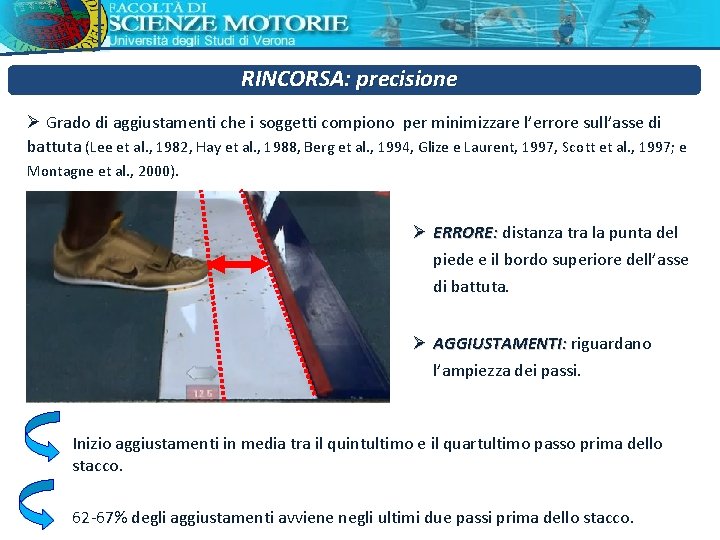 RINCORSA: precisione Ø Grado di aggiustamenti che i soggetti compiono per minimizzare l’errore sull’asse RINCORSA: precisione Ø Grado di aggiustamenti che i soggetti compiono per minimizzare l’errore sull’asse
