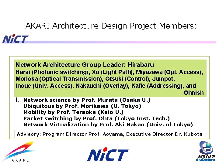 AKARI Architecture Design Project Members: Network Architecture Group Leader: Hirabaru Harai (Photonic switching), Xu