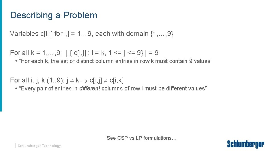 Describing a Problem Variables c[i, j] for i, j = 1… 9, each with