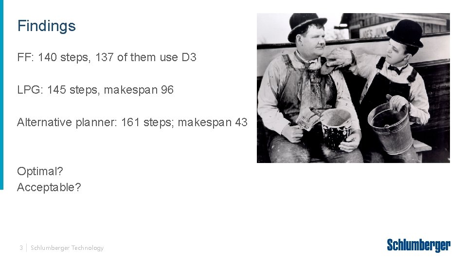 Findings FF: 140 steps, 137 of them use D 3 LPG: 145 steps, makespan