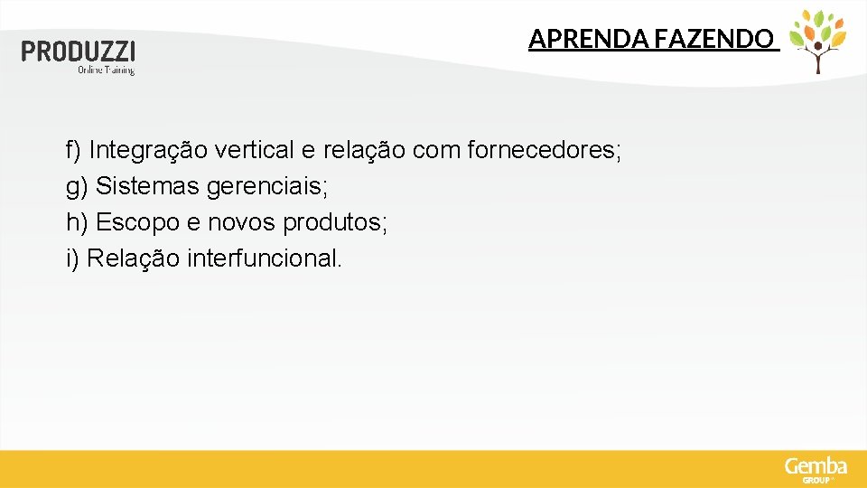 APRENDA FAZENDO f) Integração vertical e relação com fornecedores; g) Sistemas gerenciais; h) Escopo