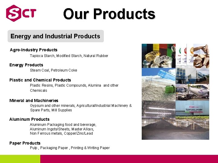 Our Products Energy and Industrial Products Agro-Industry Products Tapioca Starch, Modified Starch, Natural Rubber