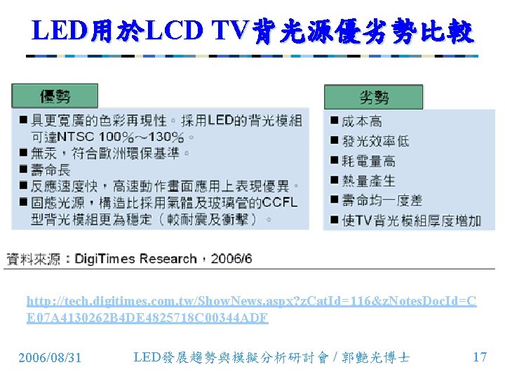 LED用於LCD TV背光源優劣勢比較 http: //tech. digitimes. com. tw/Show. News. aspx? z. Cat. Id=116&z. Notes. Doc.