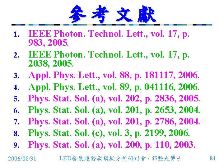 參考文獻 1. 2. 3. 4. 5. 6. 7. 8. 9. IEEE Photon. Technol. Lett.