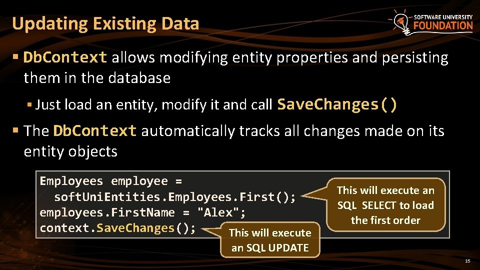 Updating Existing Data § Db. Context allows modifying entity properties and persisting them in