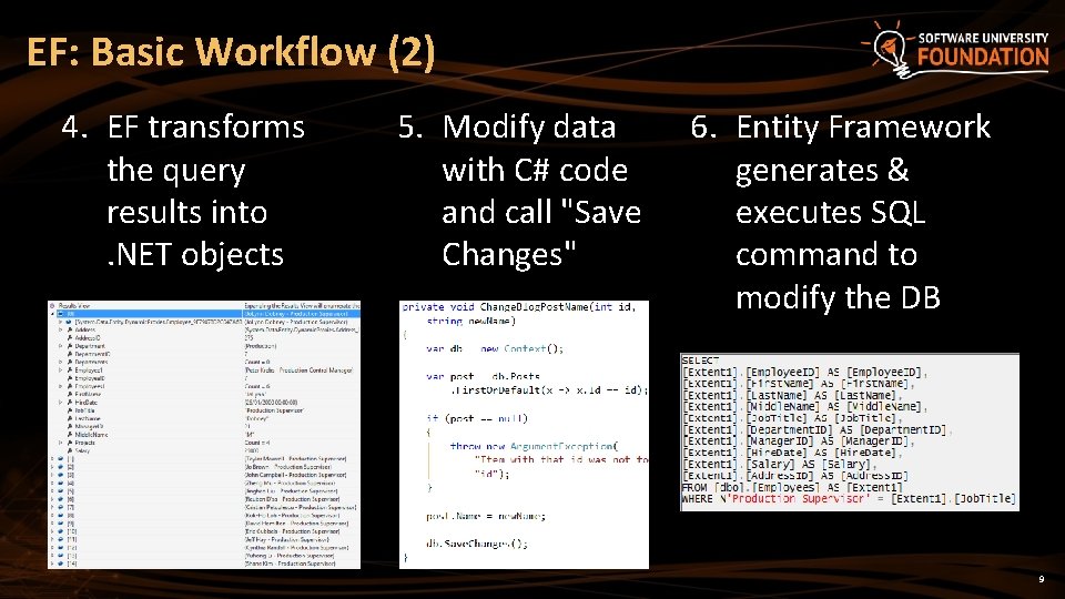 EF: Basic Workflow (2) 4. EF transforms the query results into. NET objects 5.