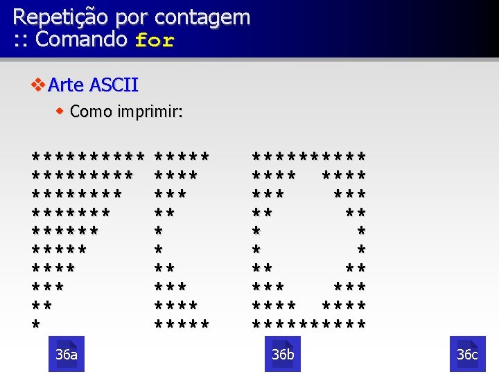 Repetição por contagem : : Comando for v Arte ASCII w Como imprimir: *********