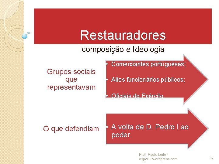 Restauradores composição e Ideologia Grupos sociais que representavam • Comerciantes portugueses; • Altos funcionários