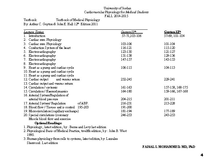 University of Jordan Cardiovascular Physiology for Medical Students FALL 2014 -2015 Textbook: Textbook of